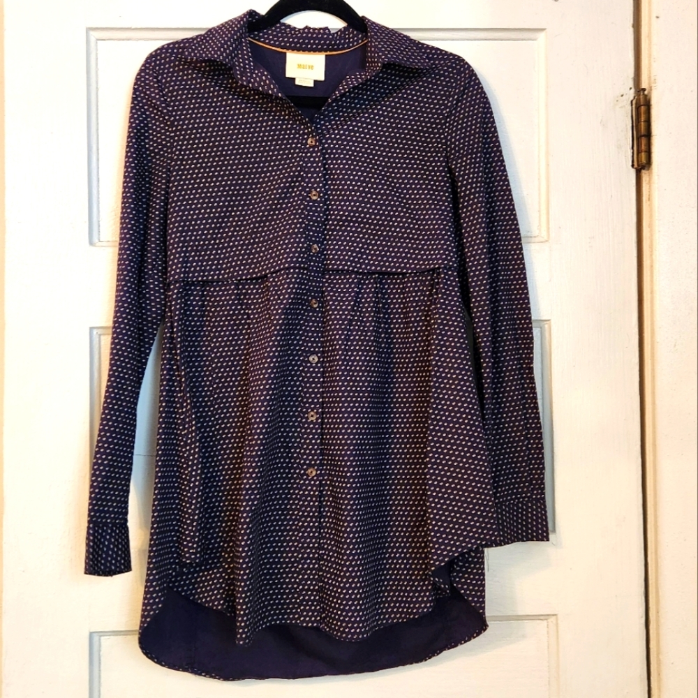 Maeve Anthropologie Tunic, Aled Polka Dot Button Down Navy Blue Cotton EUC Sz XS